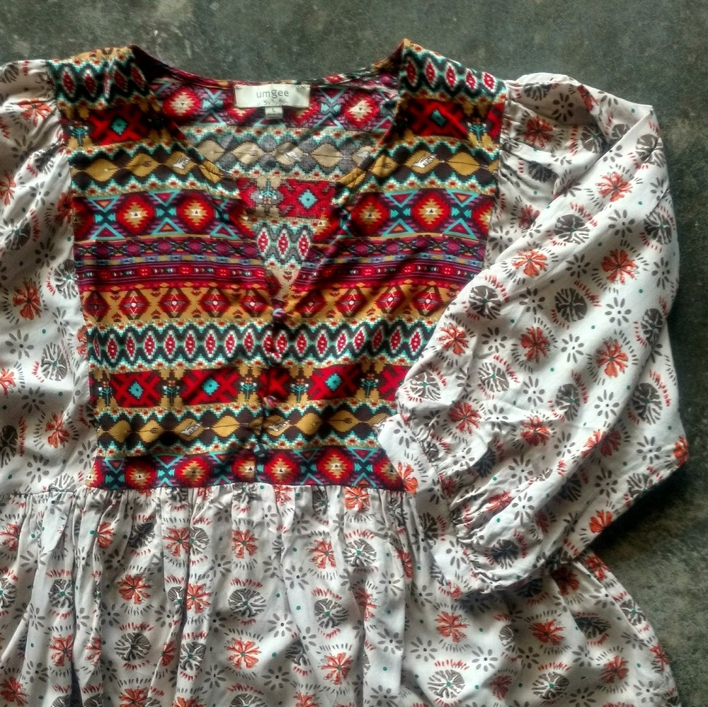 Umgee Boho Southwestern Peasant Tunic Top L